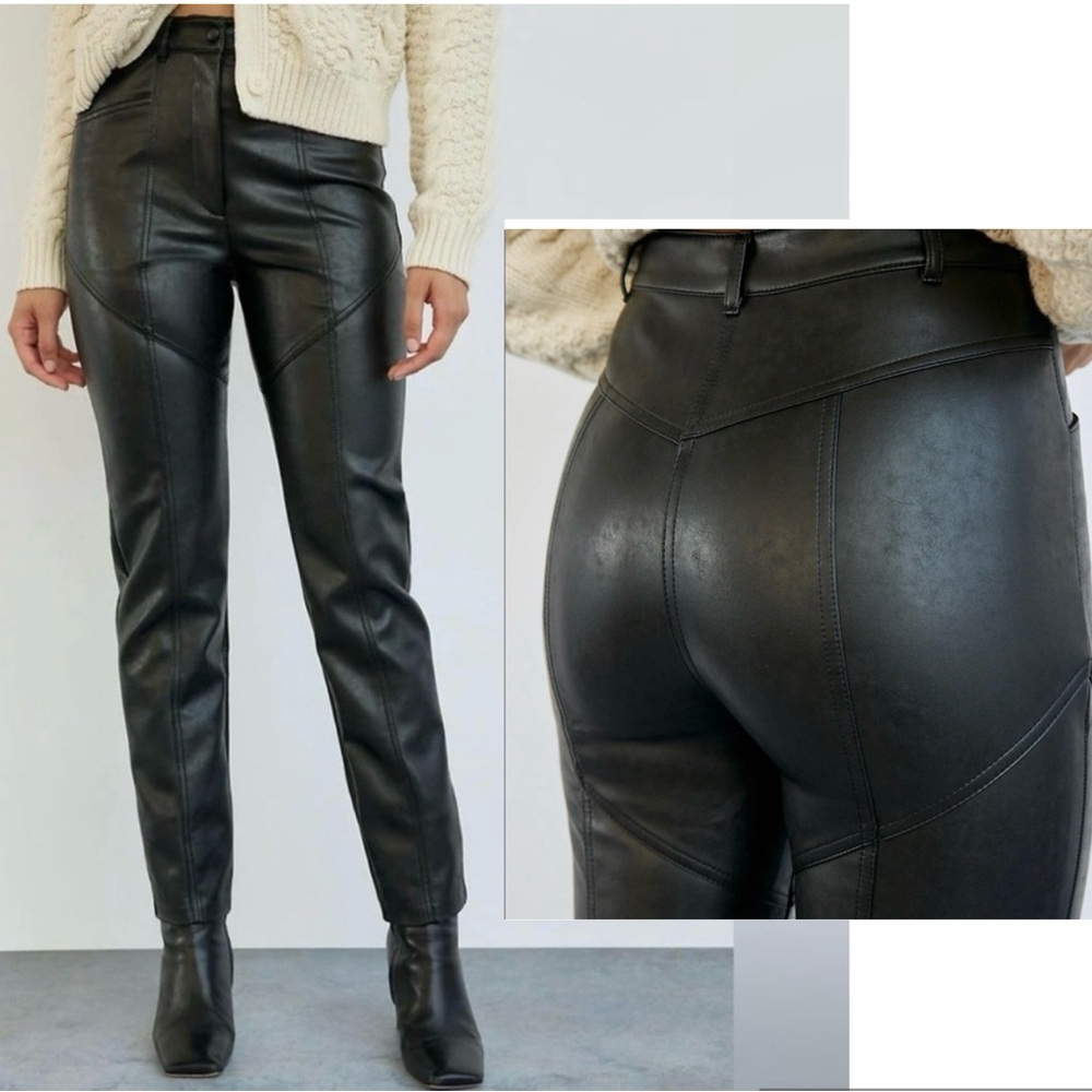 Aritzia Wilfred black vegan faux leather pleather high rise slim fit pants Sz 8